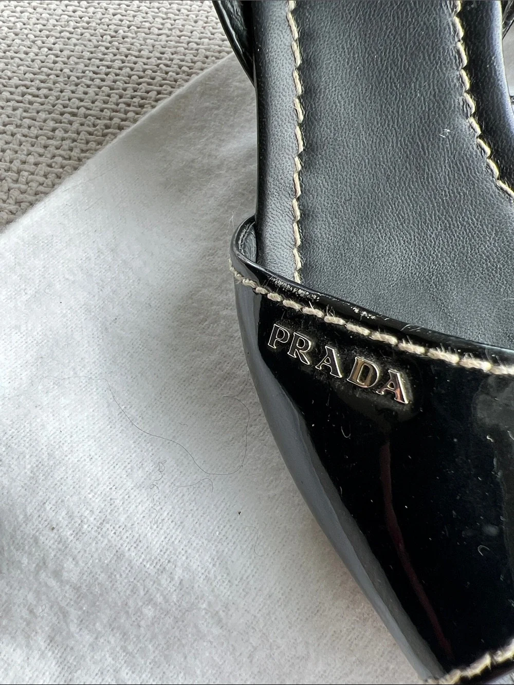 Prada Black Patent Leather Slingback Sandals with White Stitching Sz 37 - Picture 3 of 5